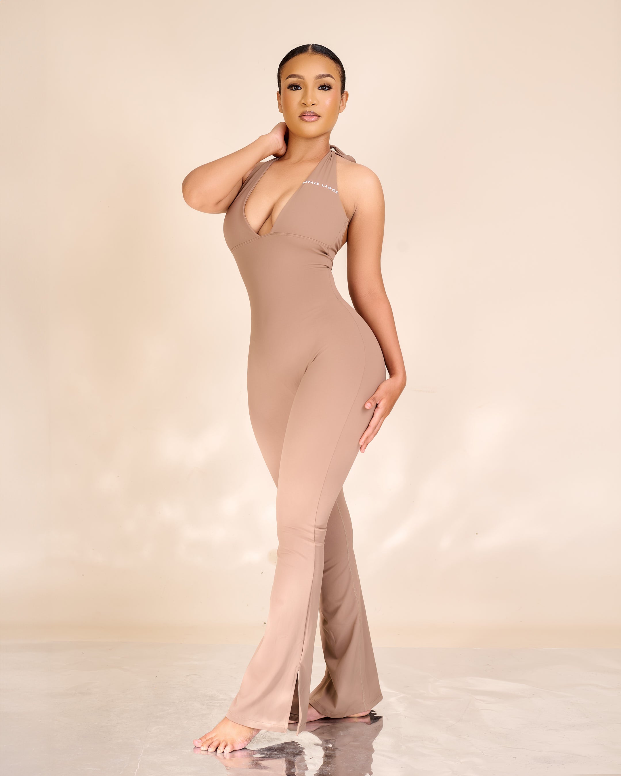 Ivanna V Detailed Halterneck Slit Hem Flared Jumpsuit