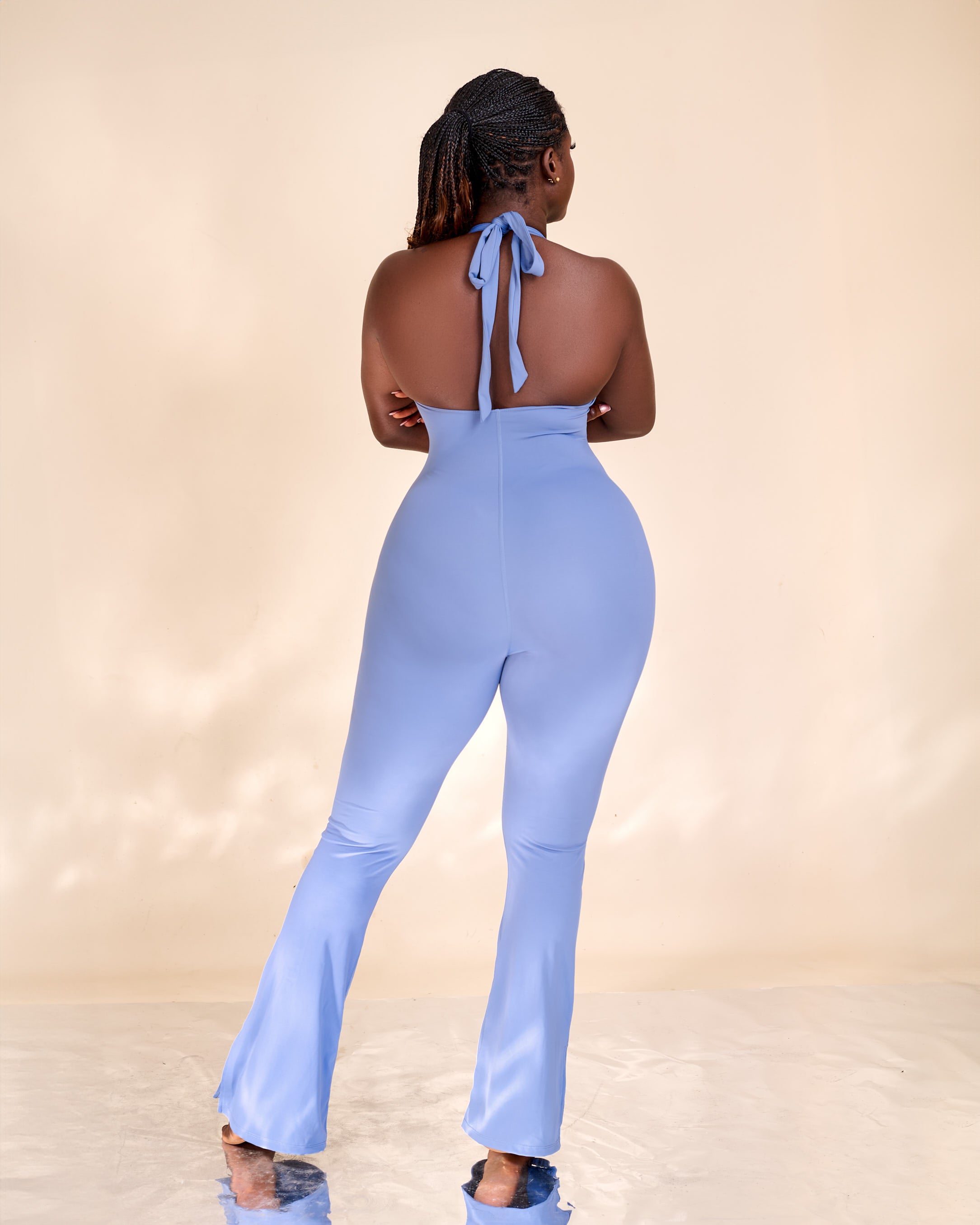 Ivanna V Detailed Halterneck Slit Hem Flared Jumpsuit