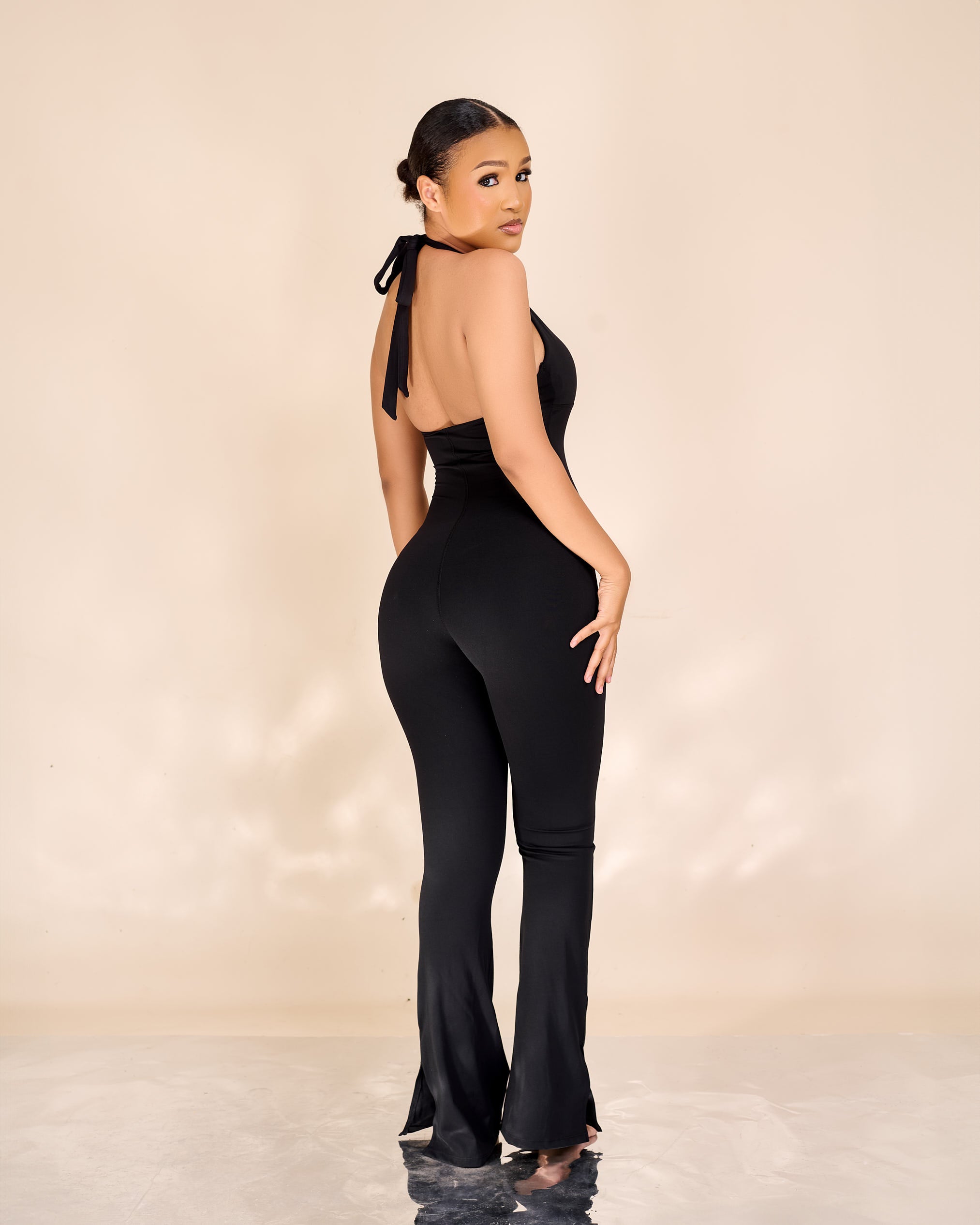 Ivanna V Detailed Halterneck Slit Hem Flared Jumpsuit