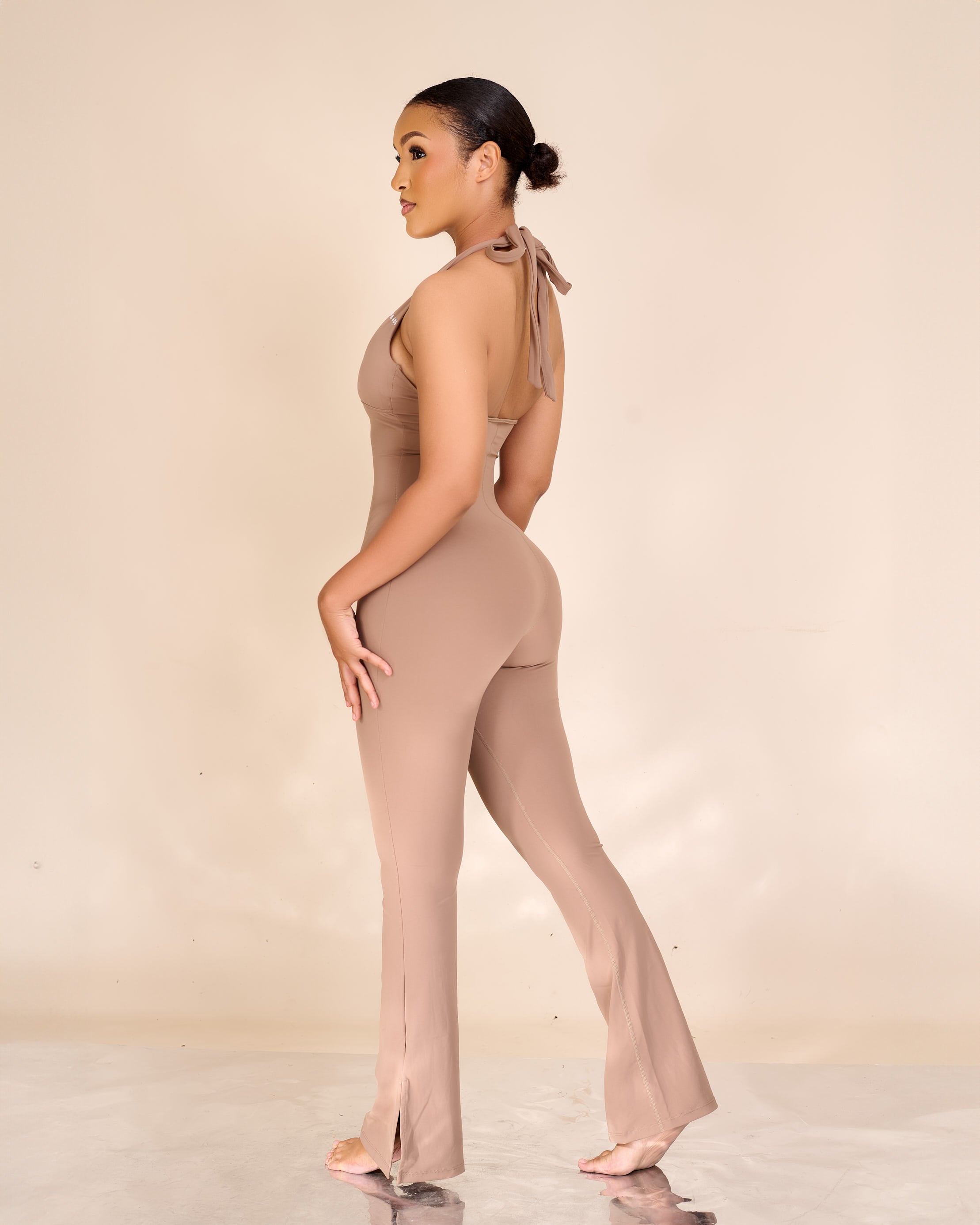 Ivanna V Detailed Halterneck Slit Hem Flared Jumpsuit