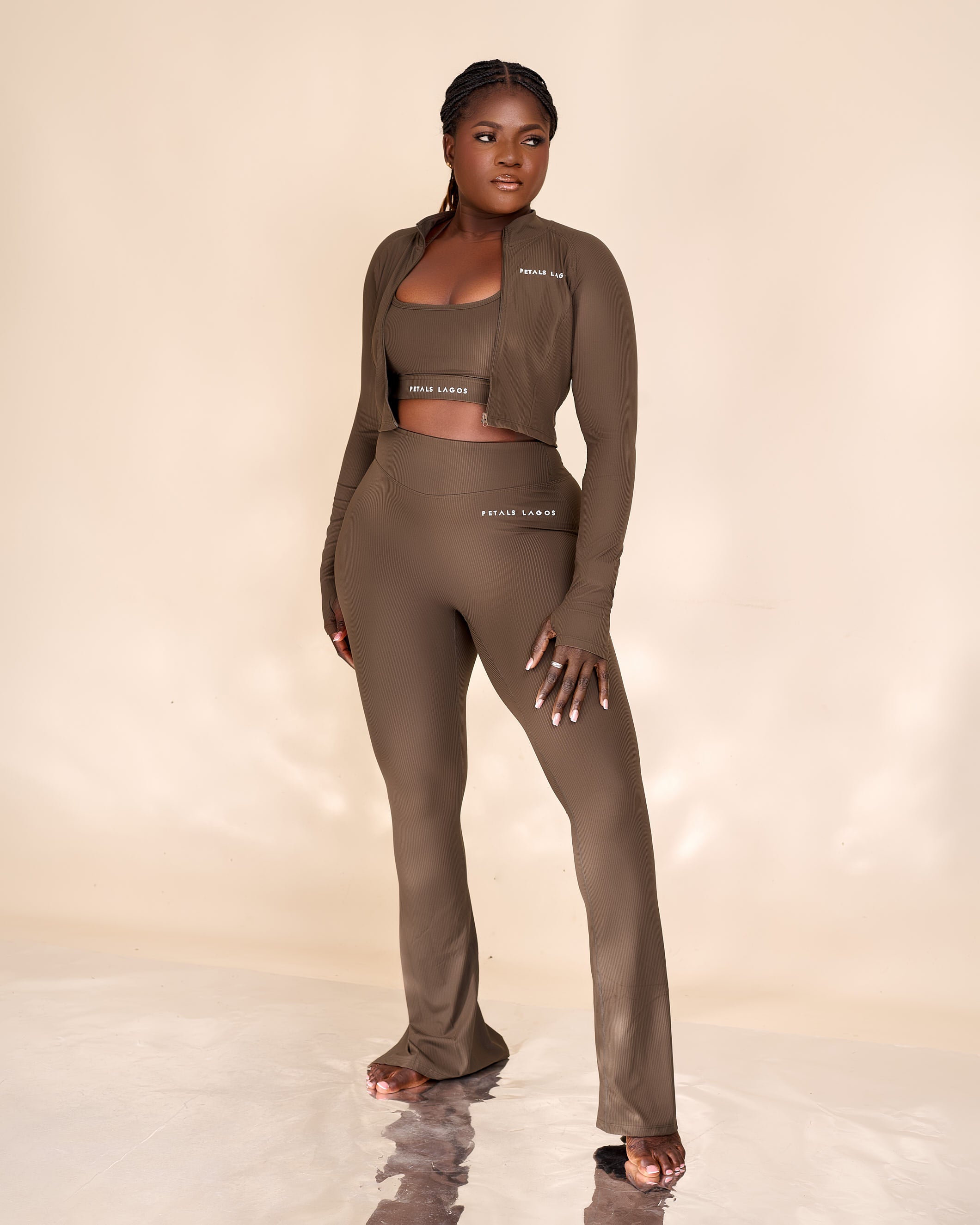 Kenaya Three Piece Ribbed Slit Hem Flared Pants Set