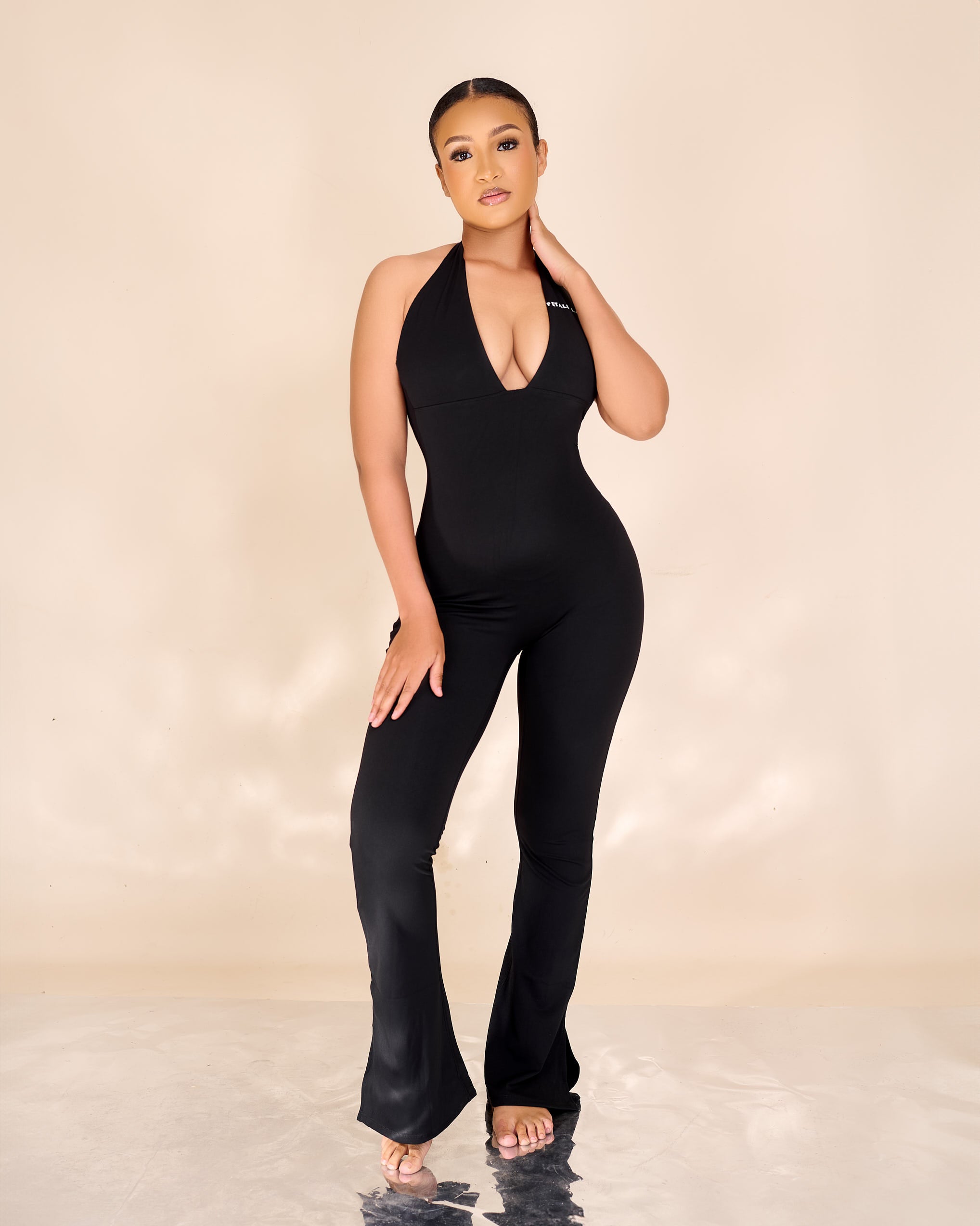 Ivanna V Detailed Halterneck Slit Hem Flared Jumpsuit